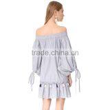 HAODUOYI Striped Women Dress Hem Ruffles Long Sleeve Sashes Loose Mini Dress Off Shoulder Backless Vestidos for Wholesale thumbnail-3