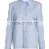 Ladies Mid Long Sleeve Blue Side Slit Cotton Button up Shirt With Pocket Design thumbnail-2