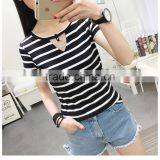 Girls Cheap Plain v Neck Stripe t Shirt With Ring Low Moq Wholesale Price thumbnail-1