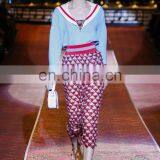 New Arrival Fashion Show V Neck Light Blue Tops With Transparent Mesh Lace Red Cloth thumbnail-1