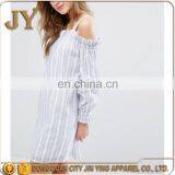 Blue and White Stripe Woven Dress Square Neck Cold-shoulder Design With Stretch Frill Trims Wholesale Items thumbnail-3