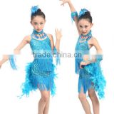 In-Stock dance costume fringed feather Latin ballroom dress for children 3colors(blue, rose, yellow)