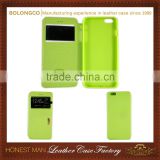 Green leather mobile phone pouch for samsung galaxy S6 S6 edge with view window wholesale