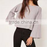 MGOO Custom Made 2017 Fashion Tops Sheer Neck Long Sleeves T-shirt Cotton Spandex Flare Sleeves Manufacturer thumbnail-2