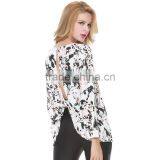 Women's Autumn New Style Back Split Ink Printing Leaves Pattern Long Sleeve Chiffon Shirt thumbnail-3