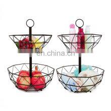Nordic Home Kitchen Storage Organization Wire Mesh Food Holder Bowl Stand Hanging Fruit 2 Tier Metal Basket thumbnail-1