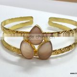 Pink Chalcedony Facet Three Stone Brass Gold Plated Bangles, Brass Drsigner Cuff Bangle, Fashionable Gemstone Bangle