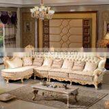 Luxury European Style Solid Wood Golden Carving Genuine Leather Back Matching Fabric Seat Living Room Corner Sofa Set thumbnail-2