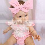 Newly Baby Girl Pink Lace Flower Romper Jumpsuit 2 Pieces Set Bow Hair Band Rompers Baby Suit thumbnail-5