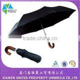 RPET Disposable Pongee 3 Fold Automatic Umbrella With Curved Wooden Handle