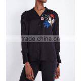 Wholesale Women Black Long Sleeves Hoxton Bird Embroidered Satin Shirt(DQE0108T) thumbnail-4