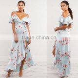Mature Women Floral Wrap Dresses 2018 Cold Shoulder Frill Maxi Dress thumbnail-2