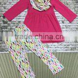 Christmas Winter Clothing Girl Kids Feather Print Pant Scarf Clothes Hot Pink Top Baby Kids Wear Set thumbnail-1