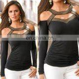 China wholesale T-shirt off shoulder beaded t-shirt ladies long sleeve t-shirt