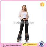 Black Embroidery Lace Panel Lady Bell- Bottoms Scalloped EdgeTrousers Women Pants