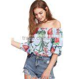 MAXNEGIO Ladies Crop Top Chest Floral Printing off Shoulder Blouse for Women thumbnail-4