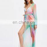 Plunging M-Slit Self Tie Chiffon Bikini Cover Up Beach Dress thumbnail-3