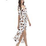Half Sleeve Leaf Printed Front Open Waist Tied Women Dress thumbnail-1