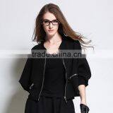 Women's Cropped Hangover Hoodie Long Sleeve Top Short Style Open Zipper Sweater Jacket Black Solid thumbnail-2
