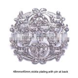 (M0538) 48mmx45mm rhinestone metal brooch with pin at back,nickle plating,all clear crytals