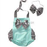S33498W Kids Baby Girls Sleeveless Striped Bow Romper Offer-shoulder Straps Jumpsuit thumbnail-4