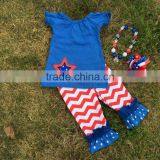 2015 Hot Sell Baby Girls 4th of July Patriotic Capri Sets Ruffle Outfits With Matching Necklace and Neckalce thumbnail-1