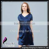 CXVLYQO1 Luxury Women's Pure Silk Skirt Night SNavy Blue Short Sleeve V-neck Pajamas thumbnail-1