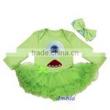Baby Lime Green Monster Long Sleeves Jumpsuit Bodysuit Pettiskirt and Headband NB-18M thumbnail-1
