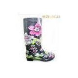 Flat Knee Black Womens Rain Boot , Floral Size 9 Patterned 27.4cm Sole