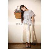 Blue Stripes O-Neck 100% Cotton Elegant Lady's Shirt With Belt thumbnail-6