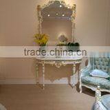 Sky Blue With Gold Trim Children Dresser Table and Mirror Set, Elegant Bedroom Furniture With Hand Painting thumbnail-3