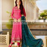 Pink Color Straight Cut Bottom Zari Embroidery Border Designer Semi Stitch Salwar Kameez thumbnail-1