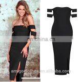 Amigo 2017 New Designer Sex Black Off-shoulder Double Sleeve Jigh Slit Bandage Dress Long Evening Dresses for Women Party Wear thumbnail-1
