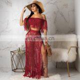 Summer Crochet Dress Beach Wear 2 Piece Crop Top And Skirt Set For Women Long Sleeve Tassels Slash Neck Two Piece Knit Sets thumbnail-3