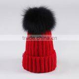Winter Fashion Big Size Real Fox Fur Pompom Knitted Lady Wool Cap thumbnail-3