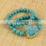 BRH1504 Boho Bracelet, Green Turquoise Beaded Green Druzy Elastic Bracelet thumbnail-1