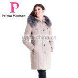 Winter Women Leather Medium Length Slim Fit Coat With Brown Fox Hat Overcoat