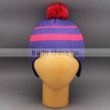 NEWEST HOT SALE WINTER BEANIE HAT WITH INSIDE POLAR FLEECE AND EARFLAP WITH STRIPS AND POMPOM