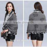 2016 New Design Woman Knitted Shawls With Rex Rabbit Fur Poms Figure Lady Cappa thumbnail-3