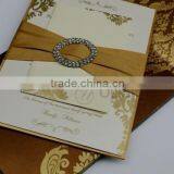 Gold Silk Wedding Invitation With Rhinestone Brooch and Ribbon ON SALE thumbnail-5