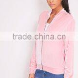 Custom Design Women Baseball Zip Up Bomber Baby Pink Plain Velvet Bomber Jacket Outwear thumbnail-5