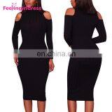 Fashion Design Cold Shoulder Knitting Sweate Sexy Bodycon Party Midi Dress