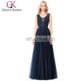Grace Karin Elegant Deep V-Back Soft Tulle Netting Sleeveless Long Navy Blue Evening Dress 8 Size US 2~16 GK000130-1 thumbnail-1