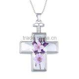 2016 Hot Sale Silver Cross Real Dried Flower Necklace Crystal thumbnail-1