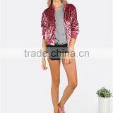 MGOO Custom Label Tag Women Outwear Zip Up Ribbed Trim Velvet Bomber Jacket Coat Pink thumbnail-6