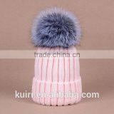 Knitted Hat With Snap Silver Fox Fur Ball on Top thumbnail-3