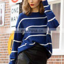 Women Oversized Crew Neck Plain Knit Loose Pullover Merino Wool Striped Sweater Top thumbnail-4