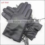 Genuine Black Thin Fringed Leather Gloves With Polyester Lining thumbnail-2