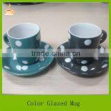 Samll Size Porcelain Coffee Mug With Saucer Set, Black and Green Color Glazed With White Dots thumbnail-1