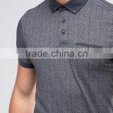 Herringbone Design Short Sleeve Chest Pocket Button Placket Dark Grey Men's 54% Cotton 46% Polyester 200g Casual Polo Shirt thumbnail-3